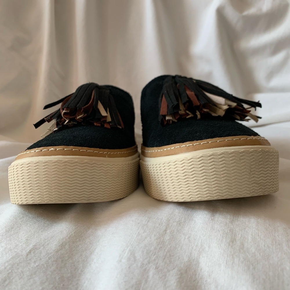 Toms Black Suede Tassel Backless Mules with Tan Sole - Picture 4 of 10